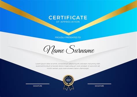 Elegante Plantilla De Certificado De Diploma Azul Y Dorado Con Insignia