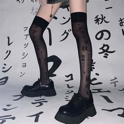 섹시한 어두운 일본식 스타킹 편지 인쇄 탄성 무릎 높이 양말 여성 얇은 투명 양말 봄 여름 스타킹 AliExpress