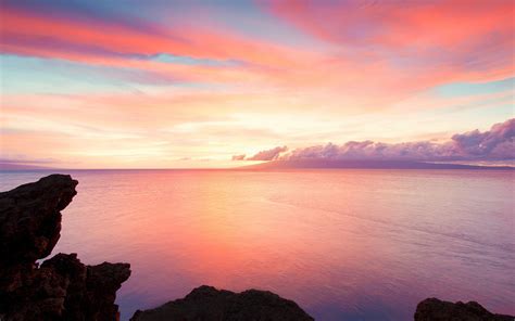 Sunset Landscapes Nature Coast Rocks Hawaii Usa Calm Sea Wallpaper