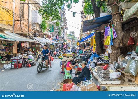 Busy Local Daily Life Of The Morning Street Market In Hanoi Vietnam