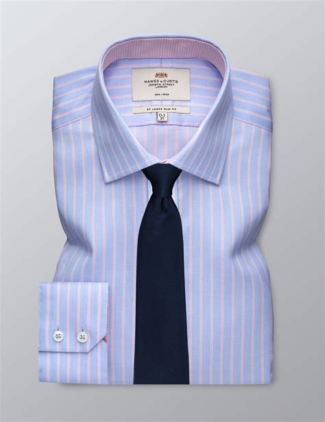 Men S Formal Pink Blue Stripe Slim Fit Shirt Single Cuff Non Iron