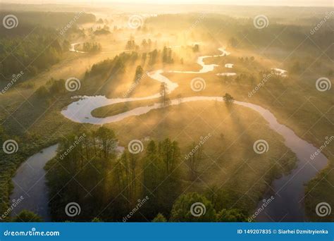 Summer Nature Landscape Aerial View Foggy Morning River In Sunlight