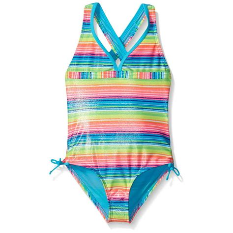 Angel Beach Girls Multi Neon Stripe Foil Print Swimming Suit Swim