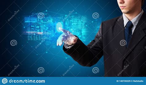 Man Accessing Hologram With Fingerprint Stock Image - Image of digital, finger: 140720229