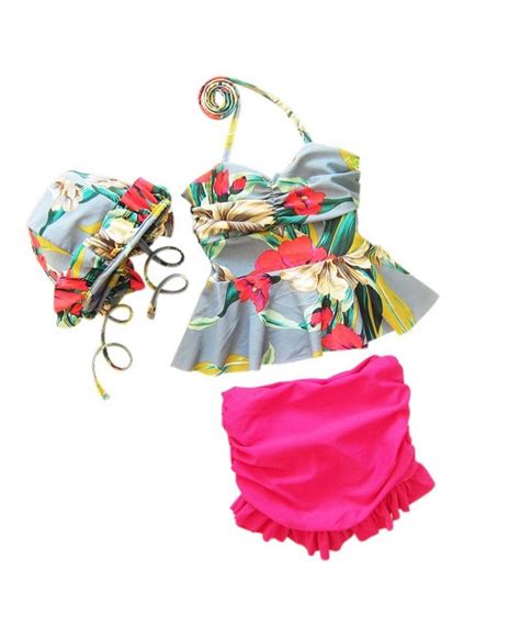 Girls Flower Print Bikini 3 Piece Swimwear Swimsuit Grey Cq12ecc8bsb