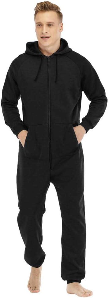 Kunhan Mens Onesie Jumpsuit Men Sleepwear One Piece Pajamas Set Long Sleeve Hooded Zip Front