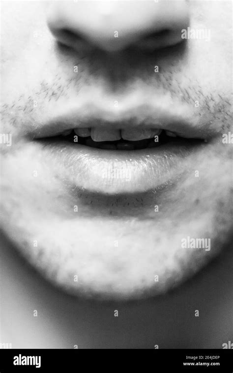 A Vertical Shot Of A Male Mouth With White Teeth And Some Beard Stock