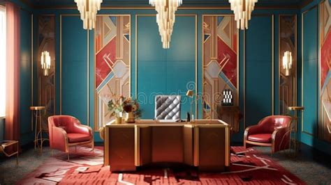 Generative Ai Glamorous Art Deco Home Office Stock Illustration