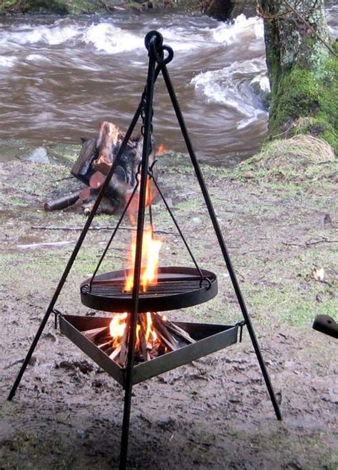 Campfire Cooking Tripod With Suspended Grill And Charcoal Fire Tray