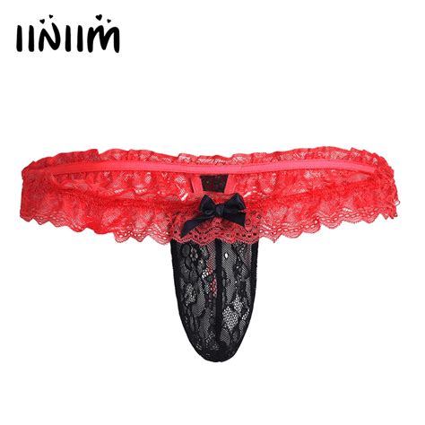 Iiniim Men Lingerie Lace See Through Open Butt Bikini G String Underwear Underpants Slip Hommes