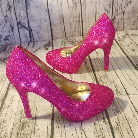 Womens Sparkly Hot Pink Glitter High And Low Heels Wedding Bride Pumps