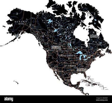 High Detailed North America Road Map With Labeling Black Clearly