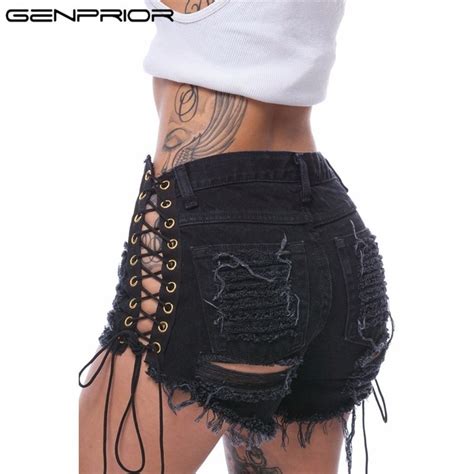 Genprior Summer Women Sexy Holes Denim Shorts Black Jeans White Cotton Hollow Out Heloma Bandage