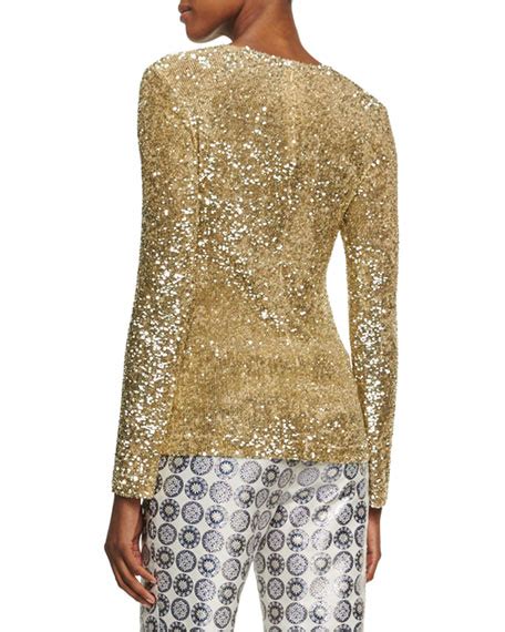Tory Burch Long Sleeve Sequined Top Gold