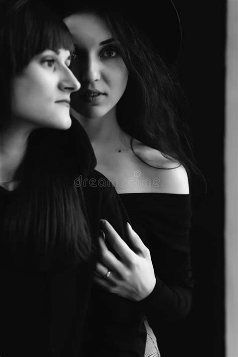 Fashion Black And White Photo Of Two Beautiful Girls With Dark Hair Stock Image Image Of Model
