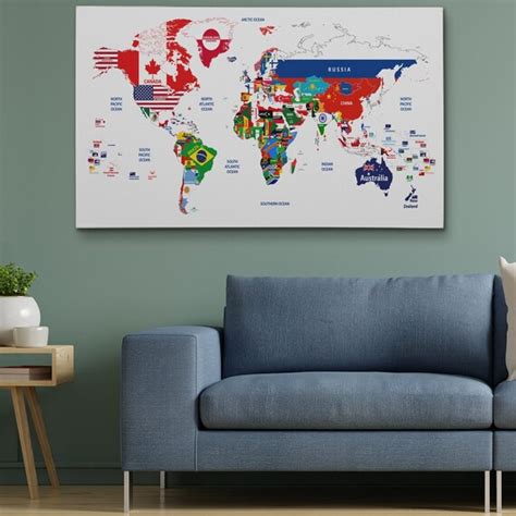 World Map Large Canvas With Countries Flags World Map Of Etsy