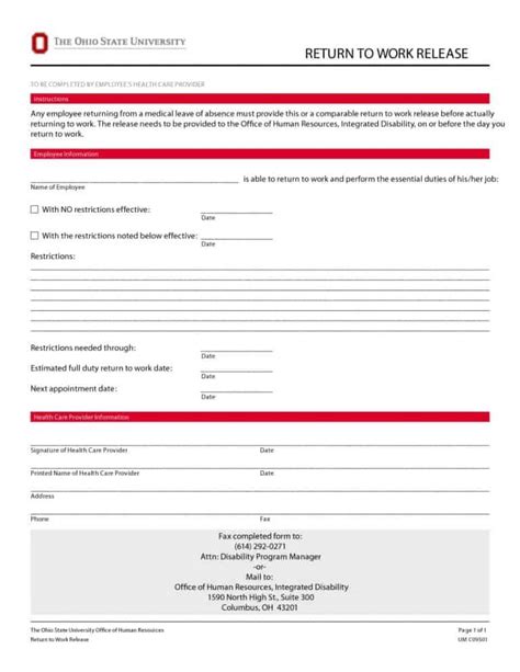 Physician release to return to work form template jotform. 44 Return to Work & Work Release Forms - Printable Templates