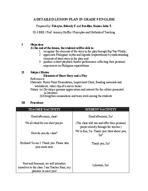 A Detailed Lesson Plan In Grade 9 English Beberly Fabayos