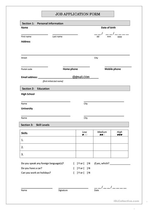 Job Application Form English Esl Worksheets For Distance Learning And