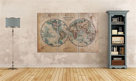 Large World Map World In Hemispheres Leather Printvintage Etsy