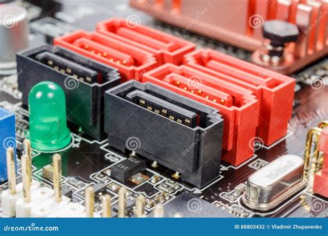Sata Ports For Connecting Peripherals On The Motherboard Stock Photo