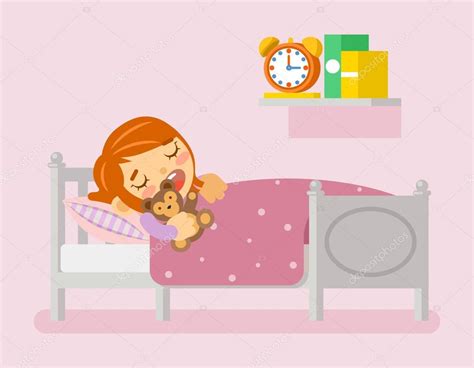 Girl Sleeping In The Bed Under Blanket With Teddy Bear Vector