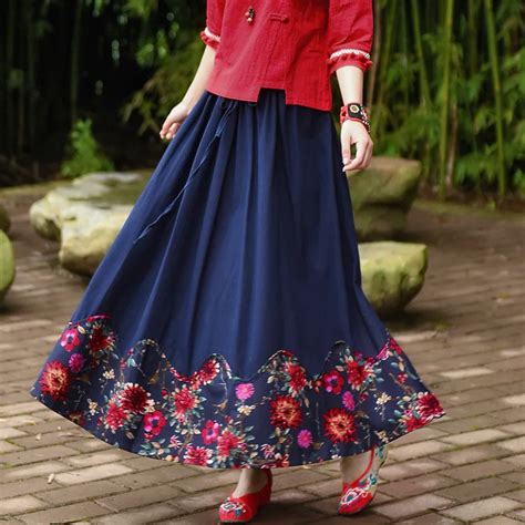 Buy Vintage Cotton Linen Elastic Waist Long Skirts Womens Spring Summer Fashion