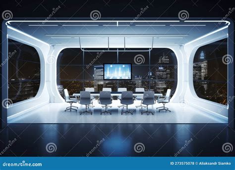 Futuristic Conference Room With Blank Wall Mounted Plasma And Night