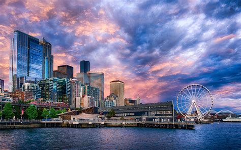 Seattle Great Wheel City In Washington Usa Sunset Desktop