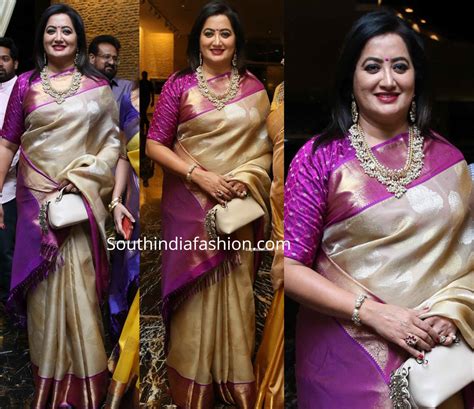 sumalatha in a gold kanjeevaram saree at nihar kapoor s wedding reception