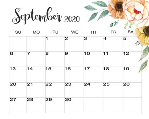 Decorative September 2020 Calendar Calendar Printables Calendar