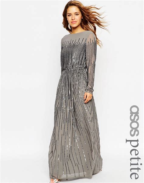 Lyst Asos Petite Linear Sequin Long Sleeve Maxi Dress In Gray