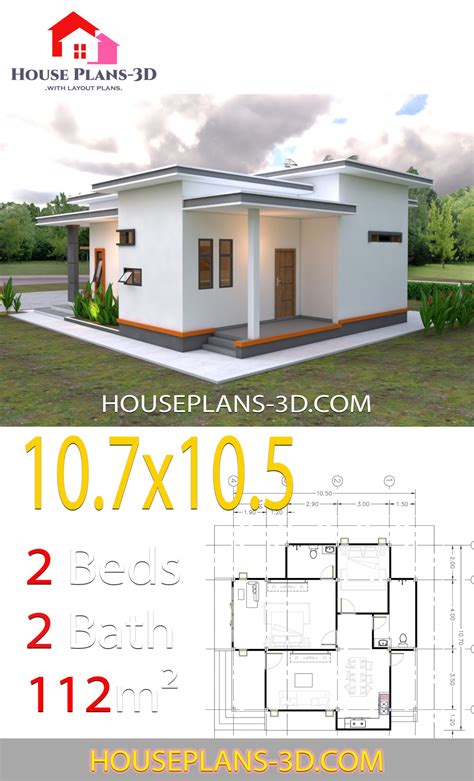 House Plans 107x105 With 2 Bedrooms Flat Roof House Plans 3d Flat