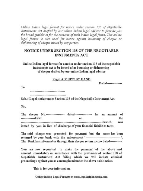 Notice Under Section 138 Of The Negotiable Instuments Act Pdf