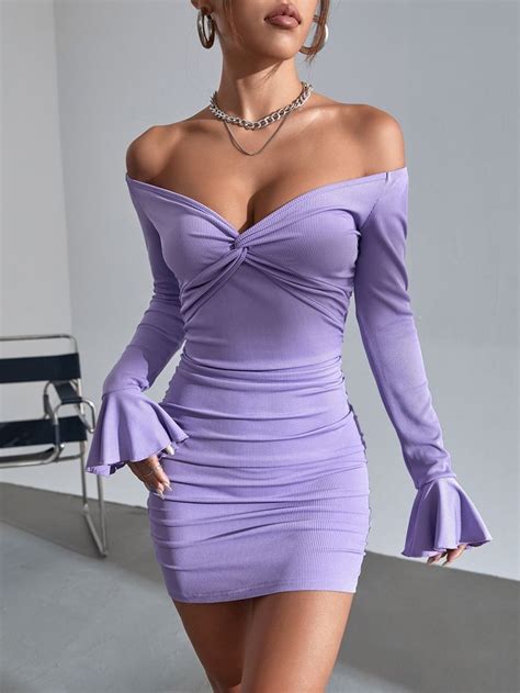 Lilac Purple Sexy Collar Long Sleeve Fabric Plain Bodycon Embellished
