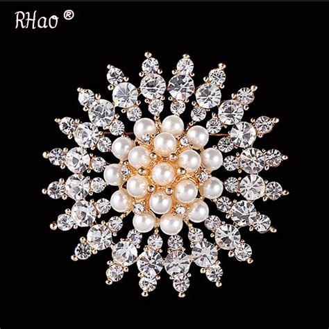 Rhao Flower Imitation Pearls Brooches Crystals Rhinestone Broach Pins For Bridal Wedding Bouquet