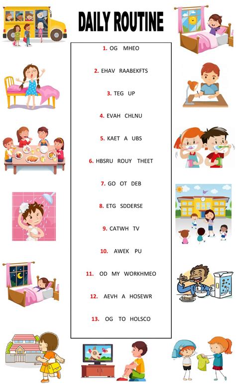 There are some key phrases and common verbs that are useful to learn in order to explain your day to another person. Daily routine online pdf worksheet