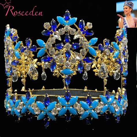 Baroque Full Round Miss World Crown Tiara With Blue Crystal Rhinestones Princess Queen Tiara