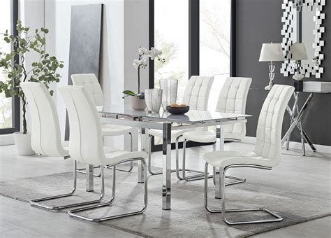 Enna White Glass Extending Dining Table and 6 Murano Chairs | Furniturebox