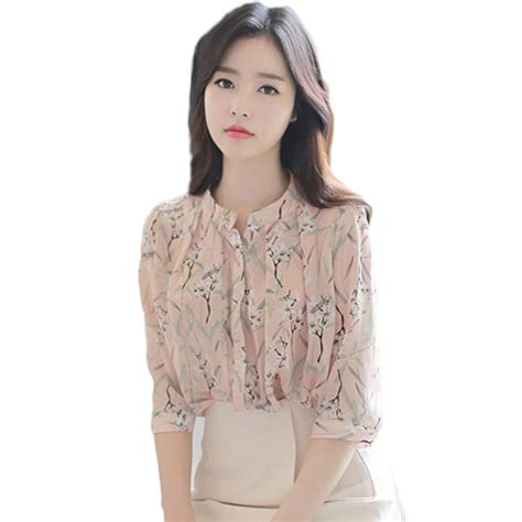 pink floral print chiffon blouse women elegant ruffle korean fashion top casaco feminino pleated