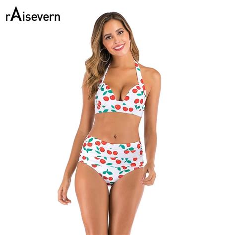 Raisevern Sexy Cherry Print High Waist Swimsuit 2019 Bikini Push Up