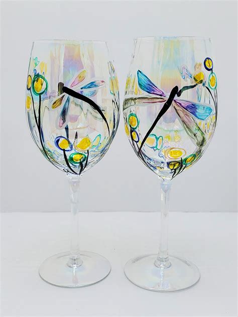 Iridescent Dragonflies Hand Painted Wine Glasses Etsy