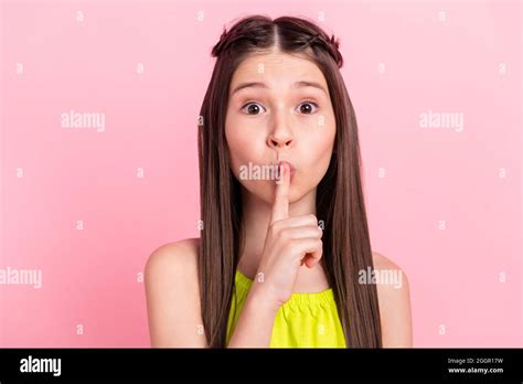 Photo Of Sweet Shiny Preteen School Girl Wear Yellow Clothes Finger