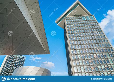 Exteriors Of Four Ultra Modern Buildings From Low Point Of View