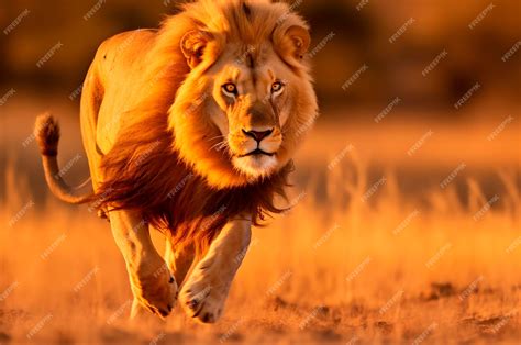 Premium Ai Image Adult Male Lion Running In The African Savannah