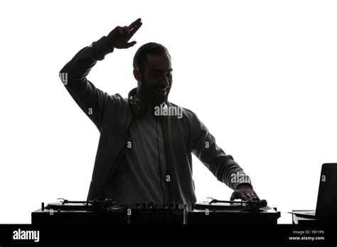 Silhouette Of Male Dj Playing Music On White Background Stock Photo Alamy