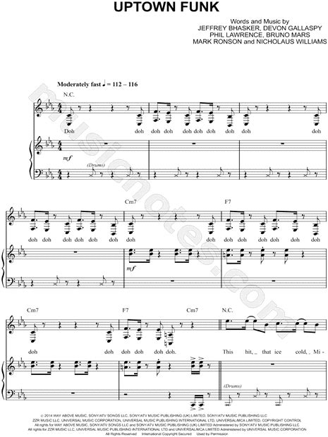 Bruno Mars Uptown Funk Sheet Music In C Minor Transposable