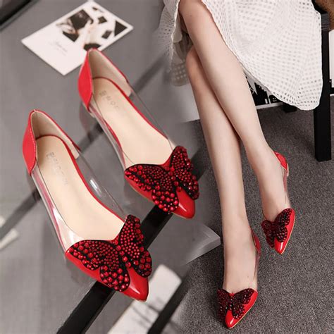 Elegant Low Heel Shoes New Pointed Toe Shallow Mouth Rhinestone Beautiful Butterfly Shape Good
