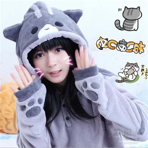 Neko Atsume Cosplay Costume Cute Lucky Cat Girls Maneki Neko Grey White Hooded Sweater Shirts