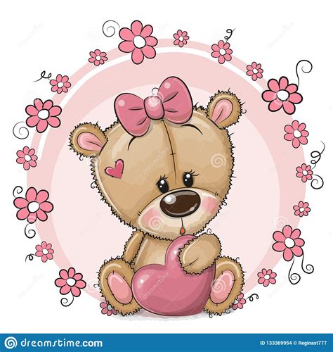 Cute Cartoon Teddy Bear Girl With Heart And Flowers Stock Vector